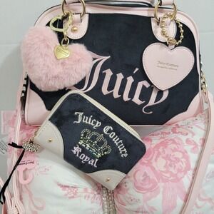 Juicy Couture Urban Heritage Bowler Bag VELOUR With Heart POM Bag Charm & WALLET